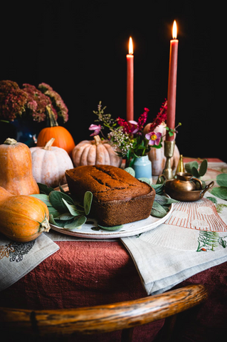 Fare Isle pumpkin bread mushroom forest table runner and dinner napkins