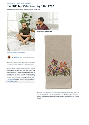 The Knot article "The 60 Cutest Valentine's Day Gifts of 2023" and our Bunches of Flowers Tea Towel