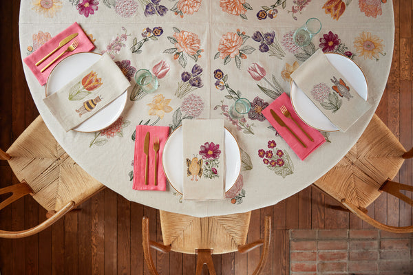 Coral & Tusk Tea Towel Table Setting overhead view of round table.