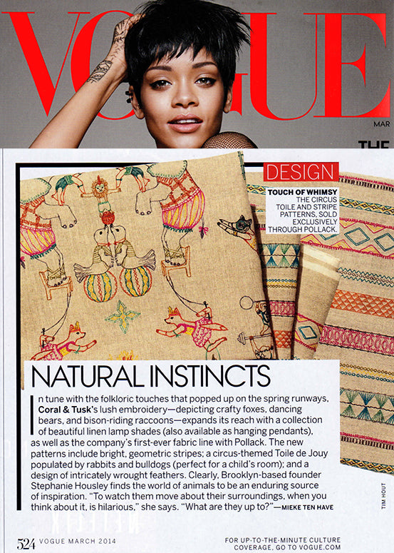 Vogue magazine article titled "Natural Instincts" featuring Coral and Tusk x Pollack embroidered fabric.