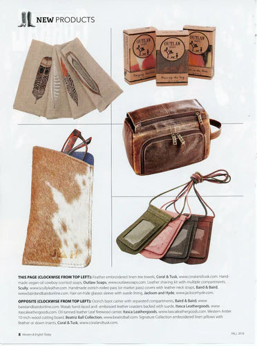 Magazine page from Western & English Today featuring Coral and Tusk Feather Napkins.