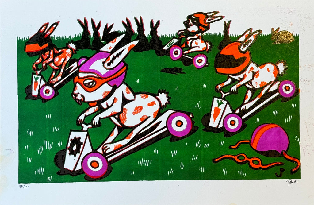 RACING RABBITS Linocut by Jim Pollock - On Sale INFO!