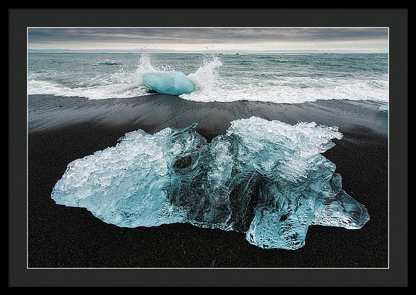 Iceberg And Black Beach In Iceland - Framed Print