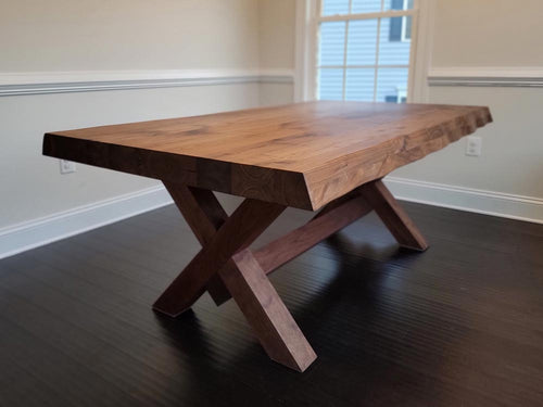 Thick custom table top with wooden X shaped legs