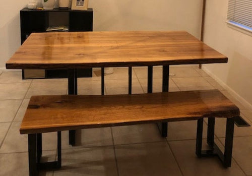 Live edge dining table with a live edge wood bench