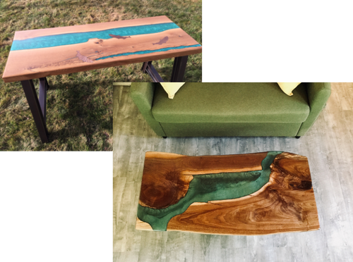 Two wood slab coffee tables with epoxy