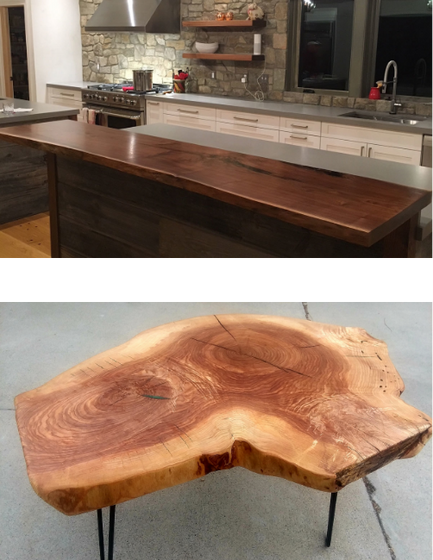 A dark wood countertop and a live edge wood circular coffee table 