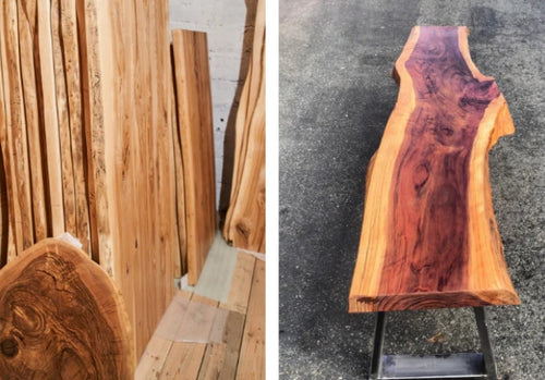 Live edge wood slab inventory and a live edge wood bench