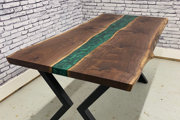 Walnut Wood River Table with green epoxy and x-shaped metal legs