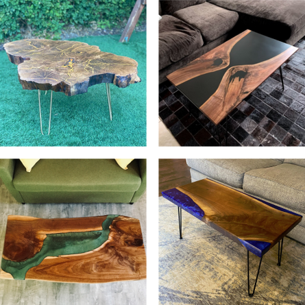 Gallery of Black Walnut Wood Slab Tables: Conference room table, dining tables and a charcuterie board.