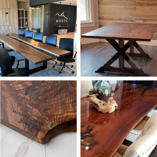 Gallery of Black Walnut Wood Slab Tables: Conference room table, dining tables and a charcuterie board.