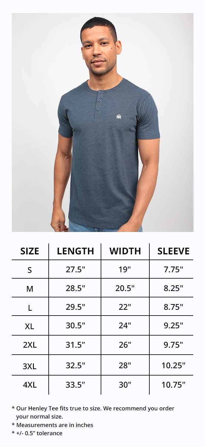 Men's Short Sleeve Henleys Size Chart- INTO THE AM