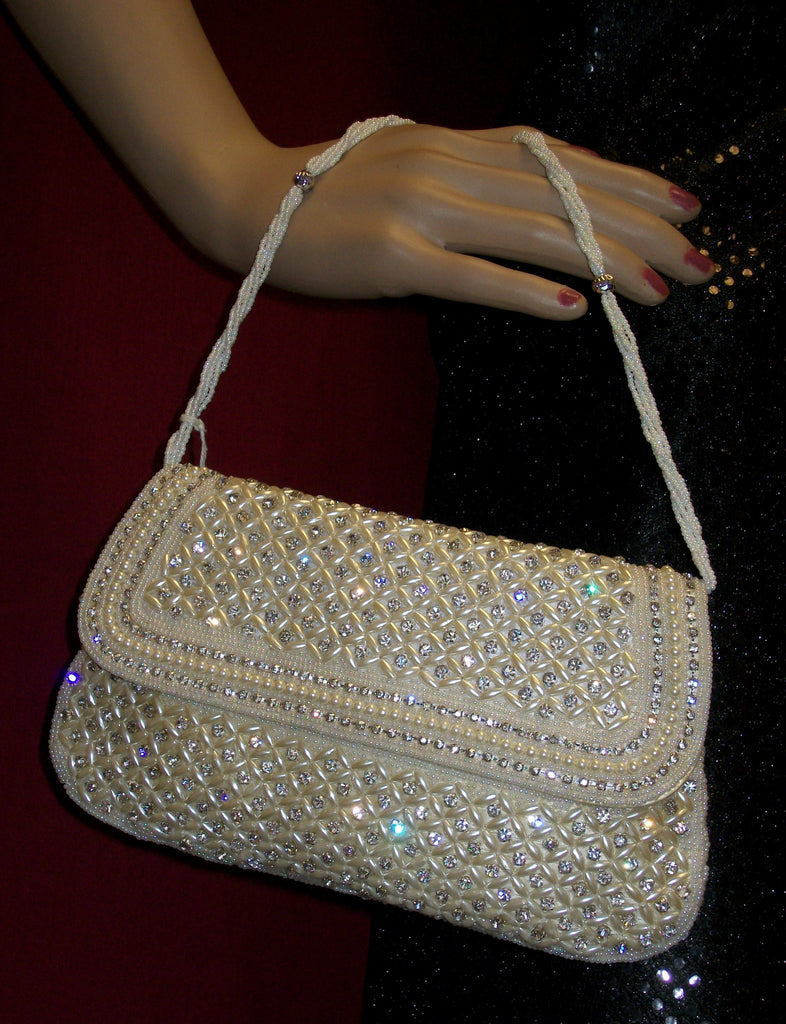 Clutch White 4633 Indian Designer Bejeweled Purse Shieno Sarees