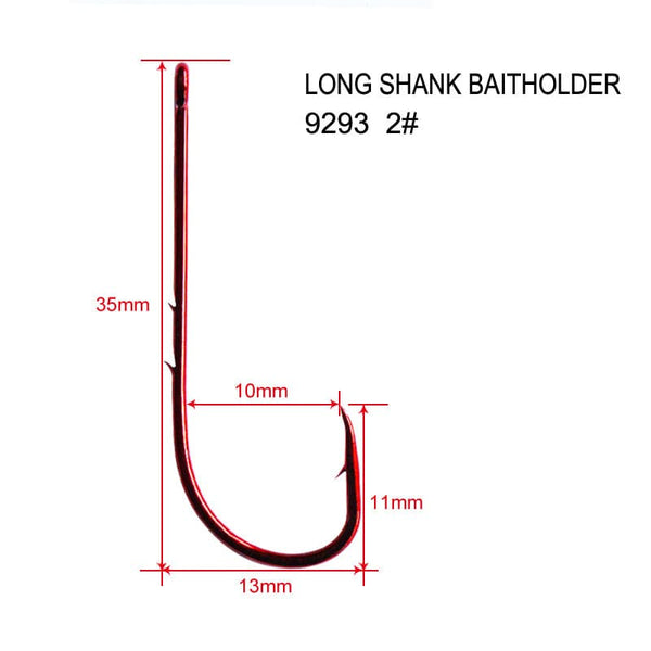 100X Long Shank Baitholder Hooks RED Size 2/0 Fishing Tackle