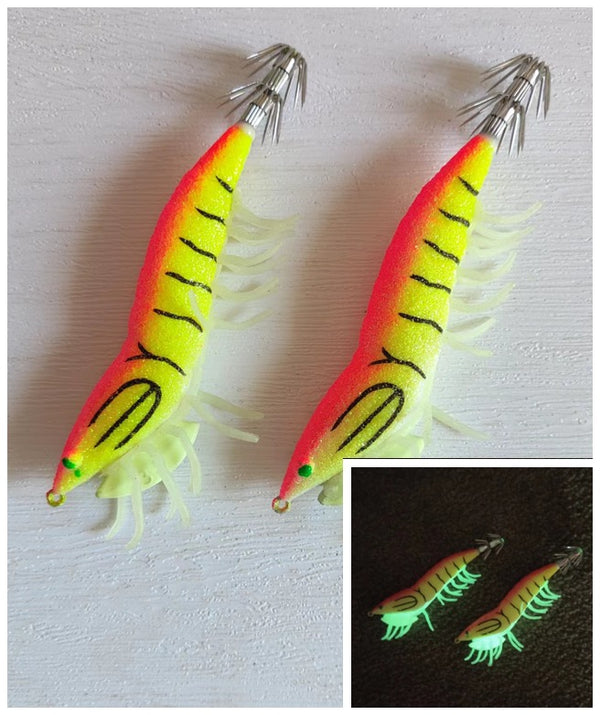 2 x Shrimp Fishing Lures Luminous Leg Squid Jigs 3.5 Green