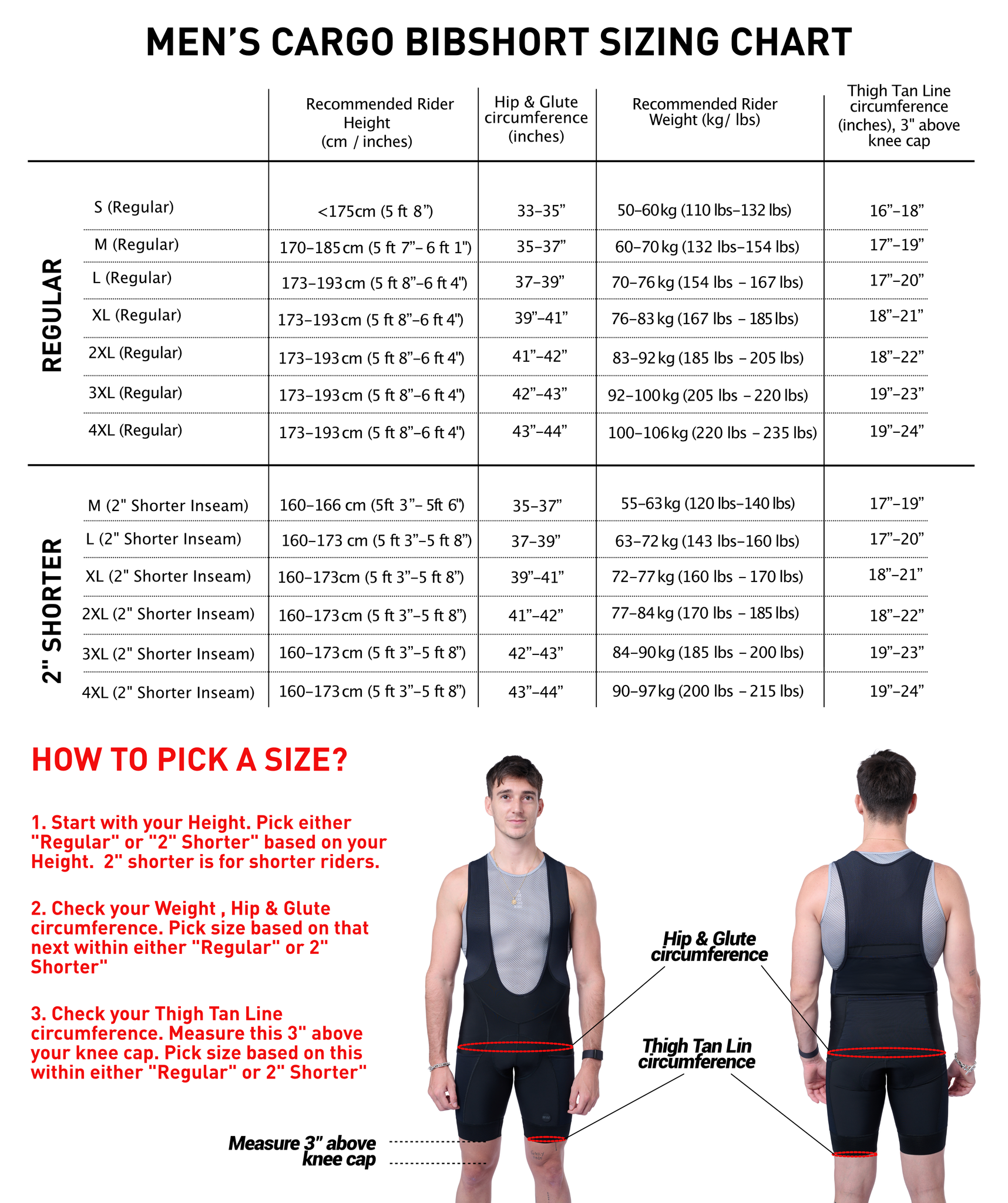 2024 CARGO BIB SHORT MEN SIZING CHART