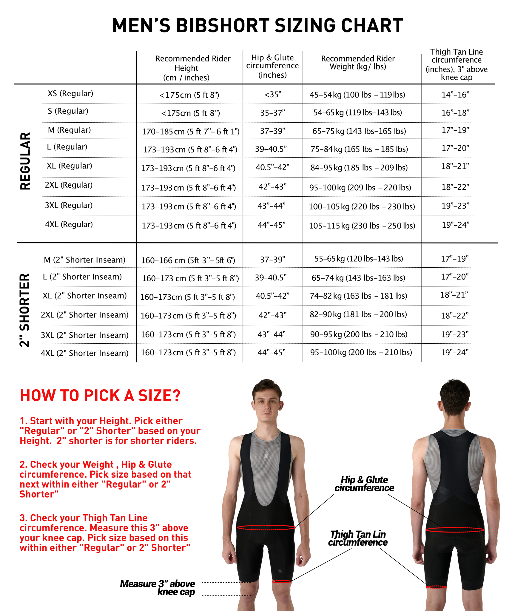 2024 MEN'S BIB SHORT FOR LONG RIDES SIZING CHART