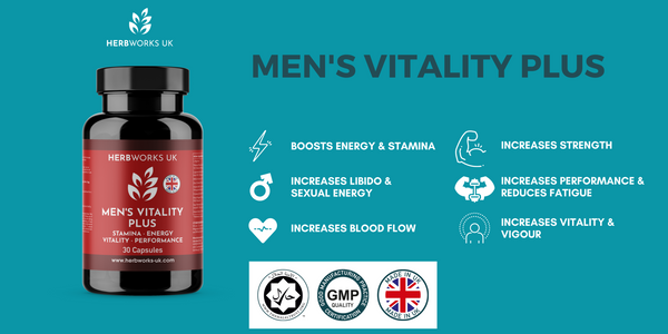 Men's Vitality Plus - Performance & Libido Enhancer - Energy, Stamina, Strength, Vitality, Vigour Support - Halal supplements Made in The UK by HerbWorks UK.
