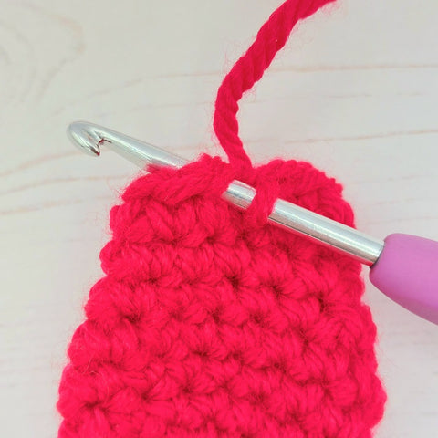 3.	The crochet hook is placed under the next stitch.