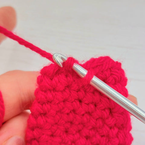 5.	Pull the hook back through the stitch, angling it slightly so that the yarn on the hook pulls back through the stitch easily.