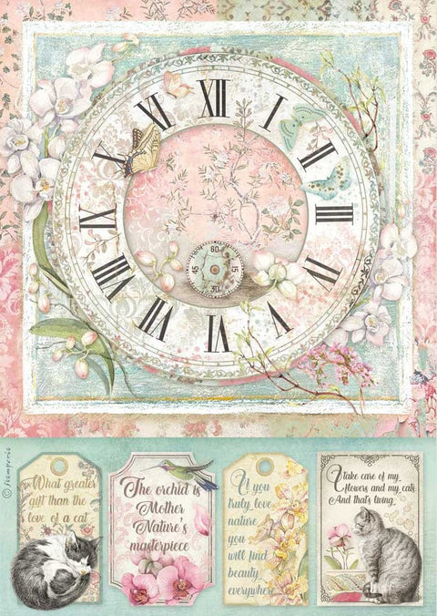 Stamperia Rice Paper Sheet A4-Clock, Orchids & Cats