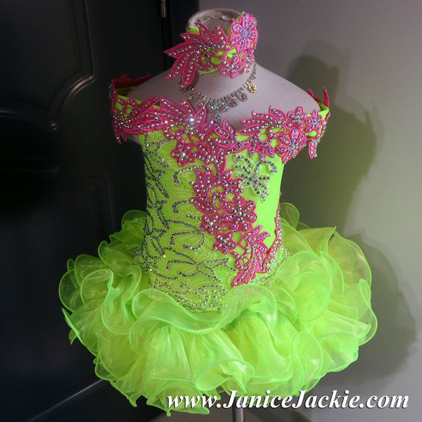 (#1089) Off shoulder flared glitz national pageant dress. (lime green ...