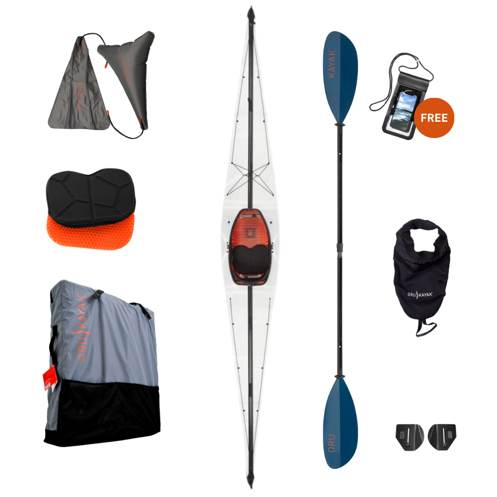 Bay ST Explorer Bundle Includes: Bay ST Kayak, Float Bags, Gel Seat, Oru Carrying Pack, Oru Fiberglass Paddle, Spray Skirt, Thigh Brace and Free Dry Phone Bag