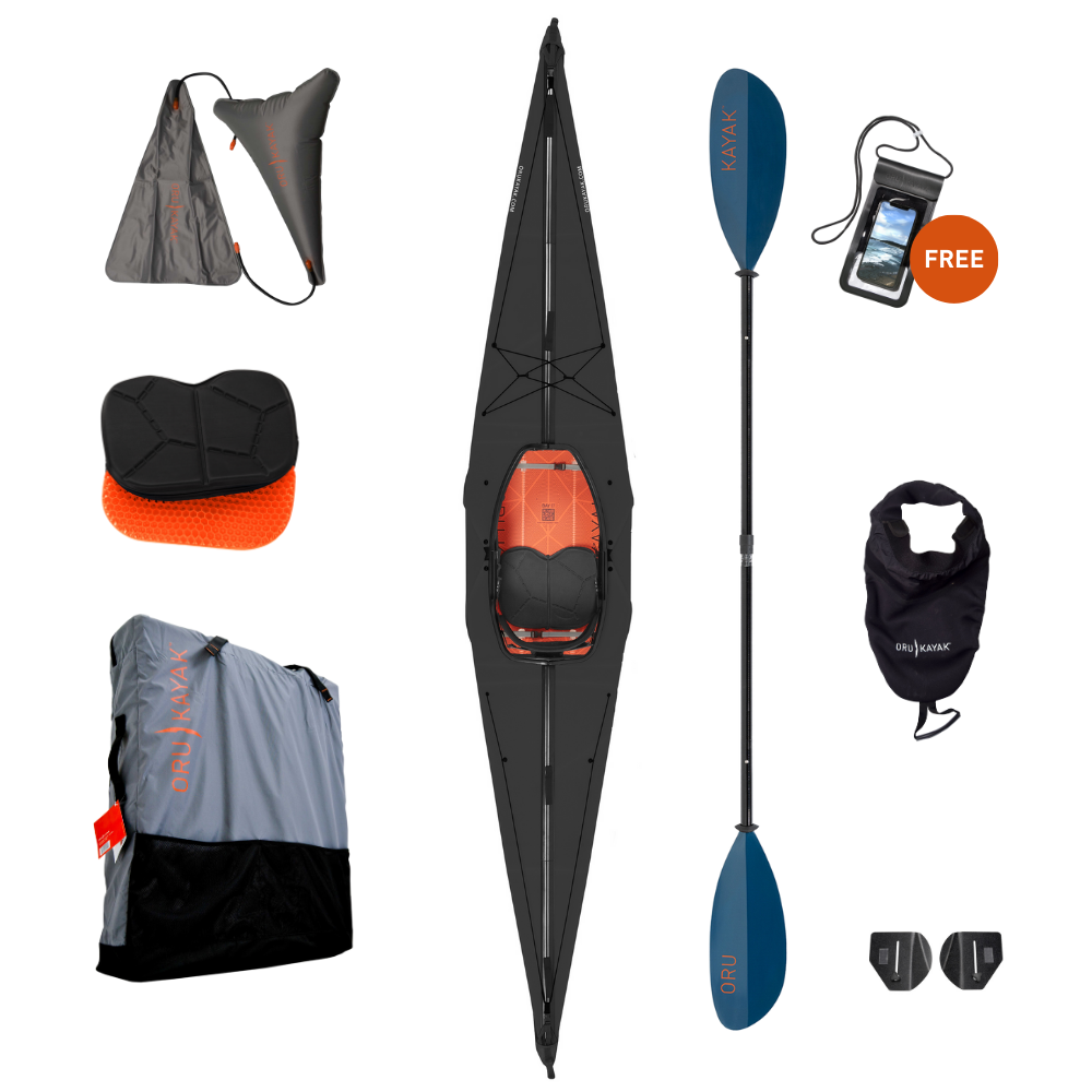 Bay ST Explorer Bundle Includes: Bay ST Black Edition Kayak, Float Bags, Gel Seat, Oru Carrying Pack, Oru Fiberglass Paddle, Spray Skirt, Thigh Brace and Free Dry Phone Bag