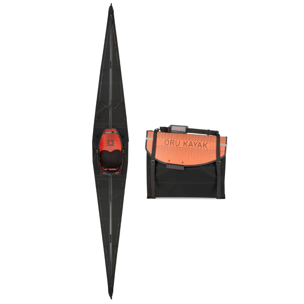 Image displays top view of Coast XT Black Edition Kayak Model, unfolded and in box (folded) form.