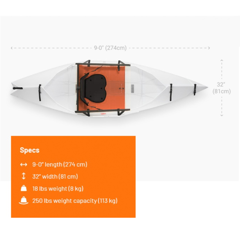 Lake specs: 9-0" lenght, 32" width, 18lbs, 250lbs weight capacity 