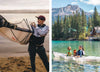 Image on left, a kayaker holds its kayak. Image on right, a kayaker with her two dogs kayaks