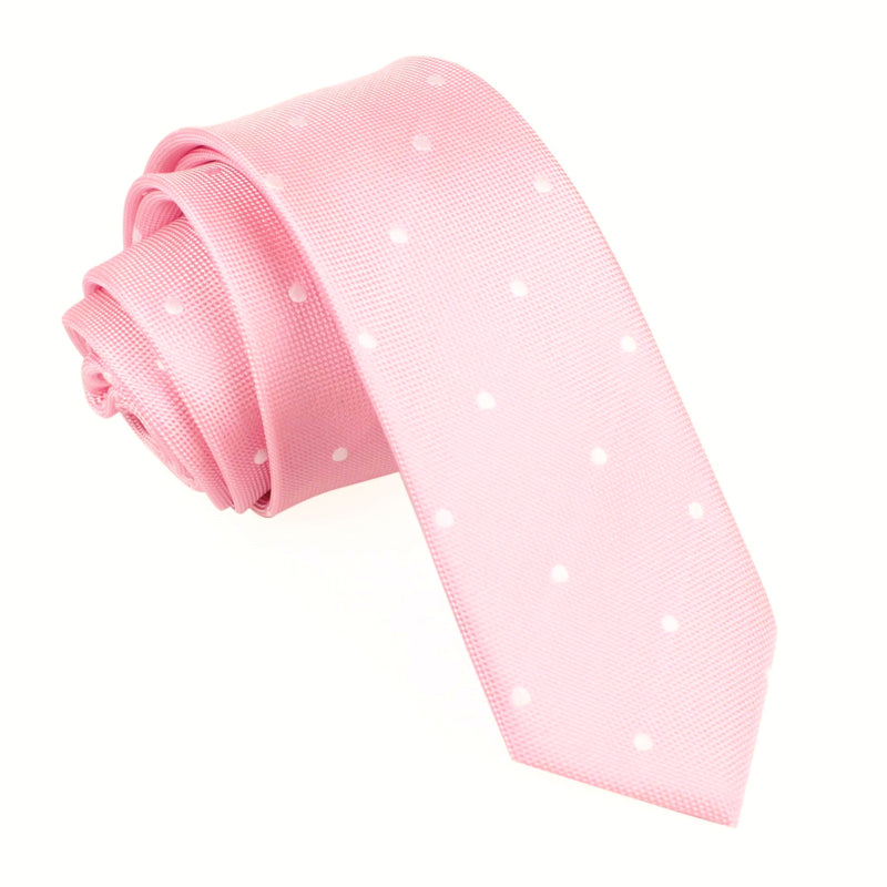 Baby Pink with White Polka Dots Skinny Tie | Men's Wedding Slim Ties | OTAA