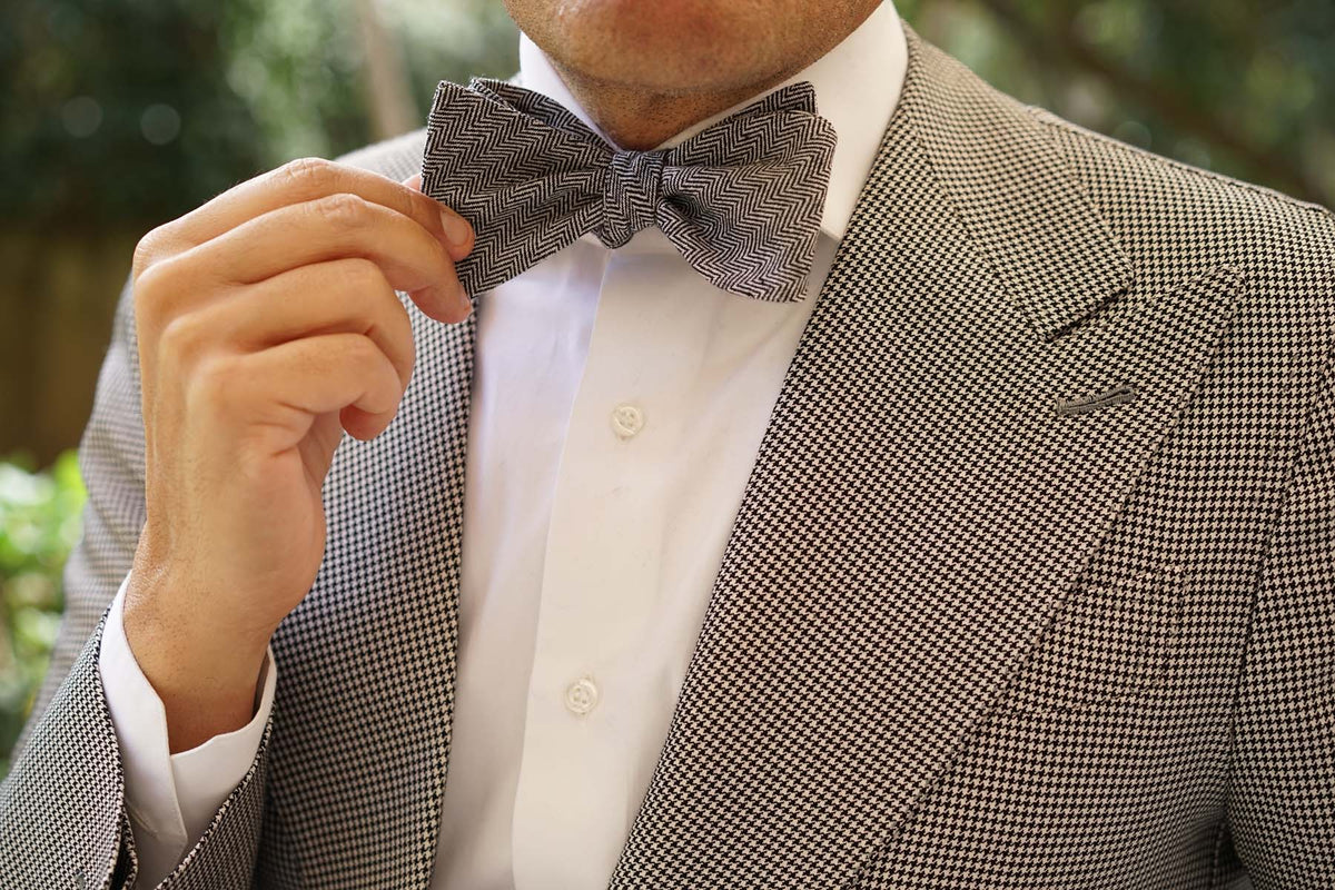 Black Herringbone Linen Self Tie Bow Tie | Patterned Untied Bowties AU ...