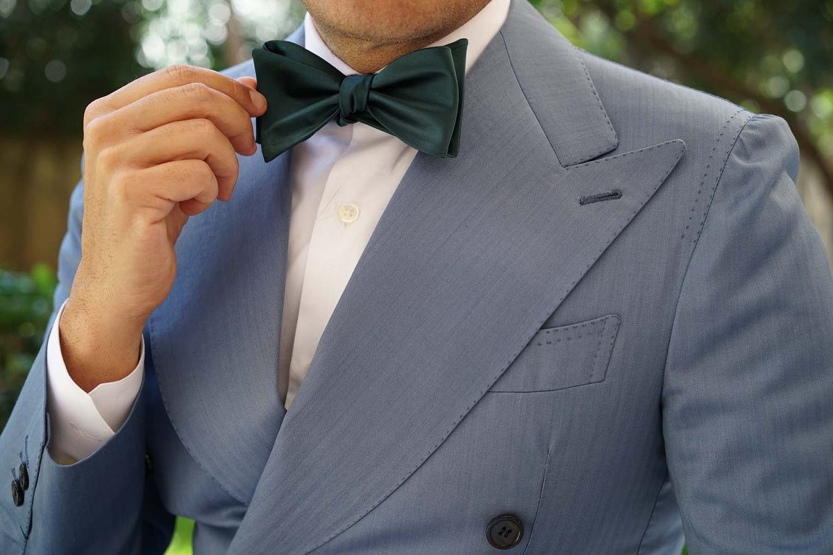 Dark Green Satin Self Bow Tie | Men's Emerald Wedding Self-Tied Bowtie ...