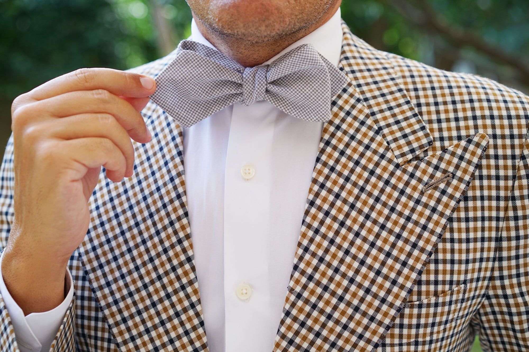 Light Grey Houndstooth Linen Self Tie Diamond Tip Bow Tie | Bowtie Men ...