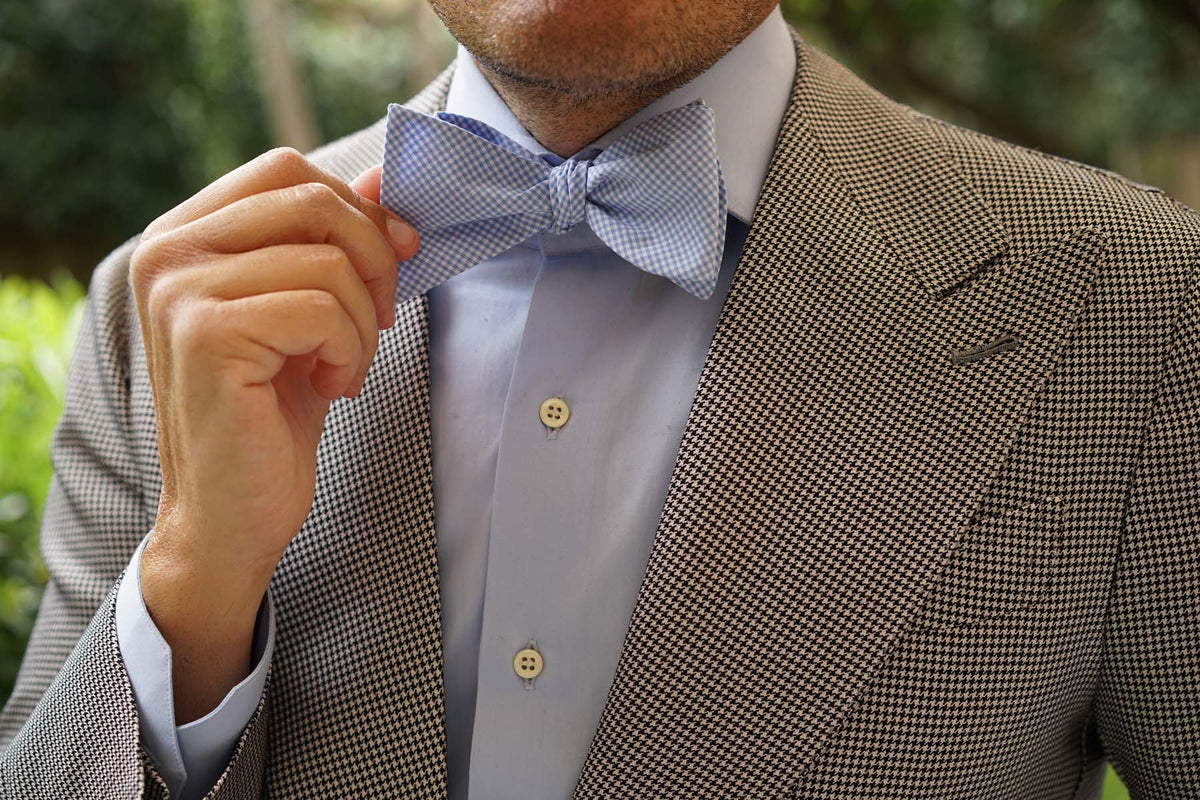 Light Blue Gingham Cotton Self Tie Bow Tie | Checkered Untied Bowties ...