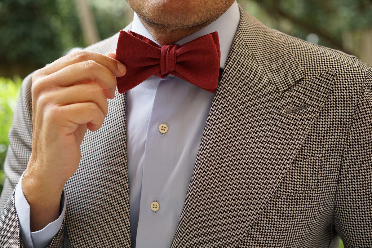 Maroon Slub Linen Self Tie Bow Tie | Red Wedding Untied Bowtie for Men ...