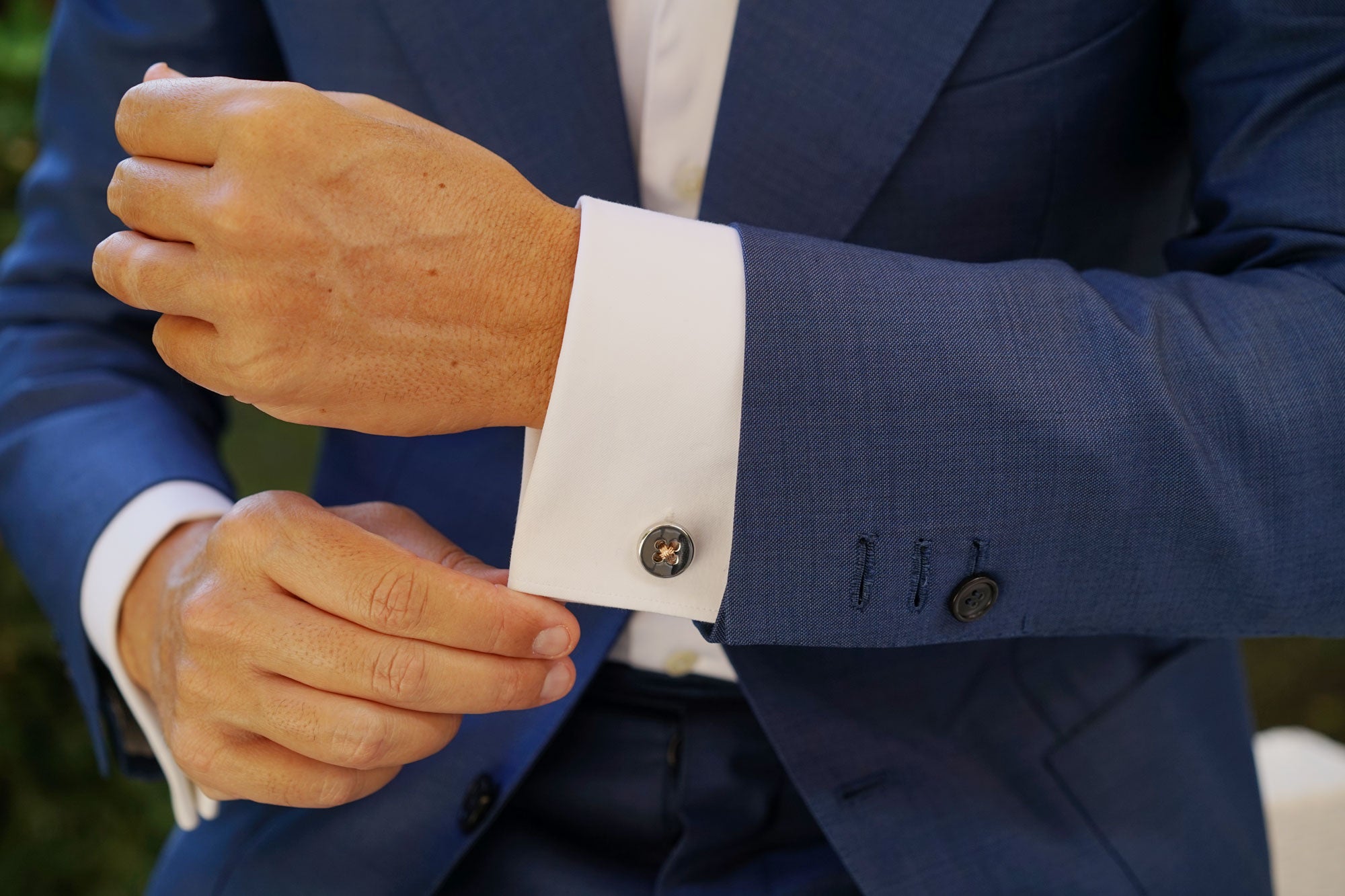 Mr Caine Button with Rose Gold Cufflinks | Silver Round Cuff Links | OTAA