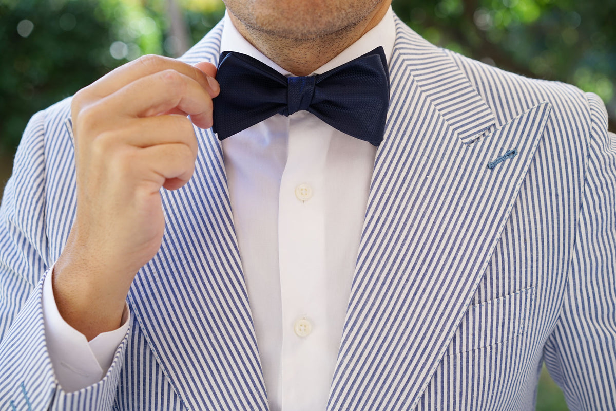 Navy Blue Basket Weave Self Bow Tie | Wedding Suit Self-Tied Bowties | OTAA