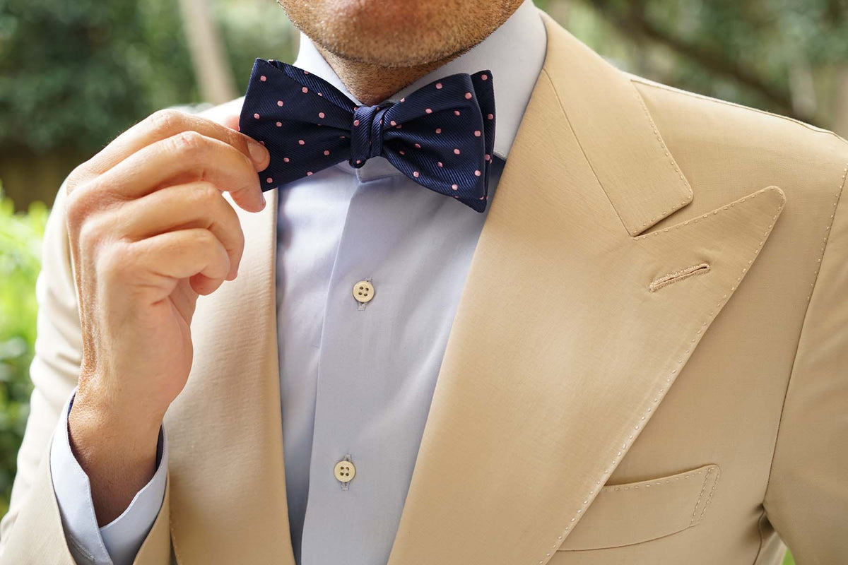 Navy Blue Pink Polka Dot Bow Ties | Self Tie, Untied | Men Suit Tuxedo ...