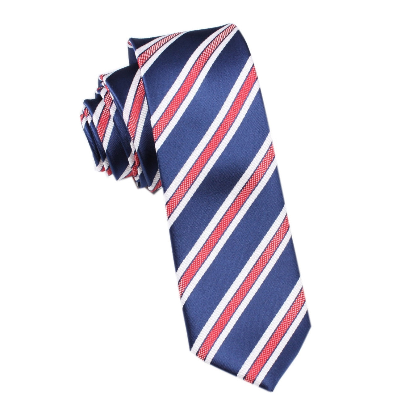 Navy Blue Skinny Tie with Red Stripes | Thin Narrow Ties | OTAA