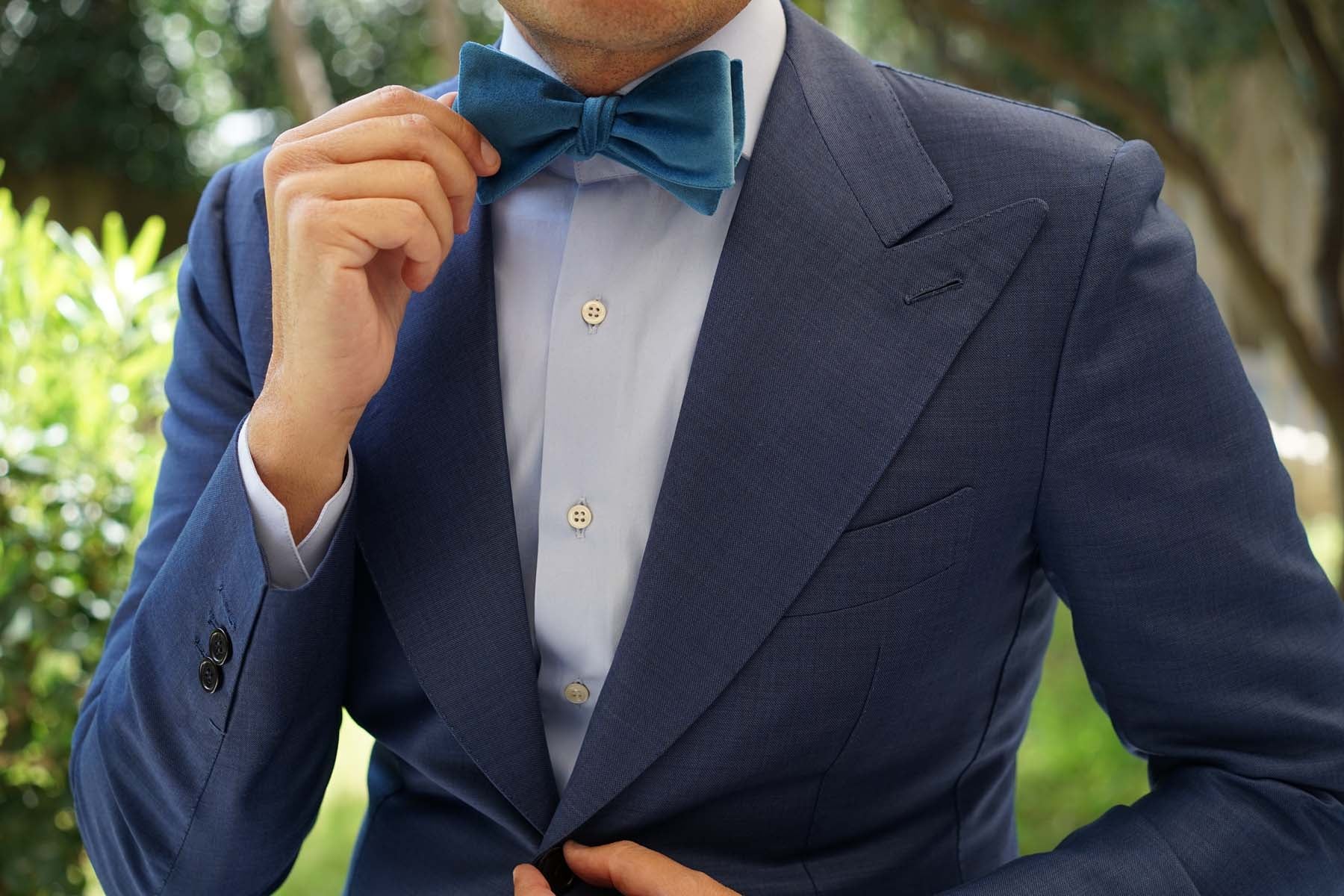 Teal Blue Velvet Self Bow Tie | Wedding Tuxedo Suit Self-Tied Bowties ...