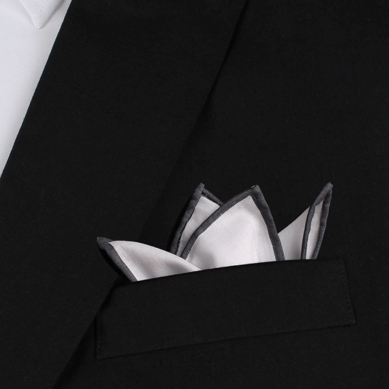 White Cotton Pocket Square with Charcoal Grey Border | Melbourne ...