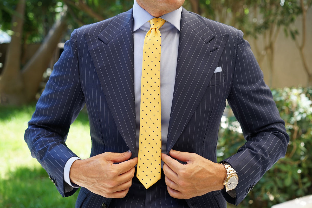Yellow Skinny Tie with Navy Blue Polka Dots | Mens Wedding Slim Ties | OTAA