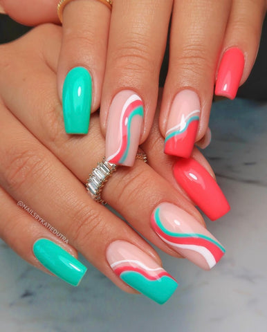 Coral/Teal nails for Spring, Easter or Vacation. | Green acrylic nails, Teal  nails, Coral nails with design