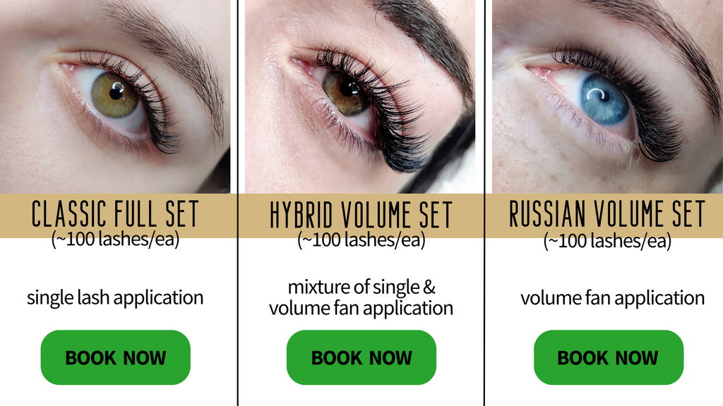 3 different types of lash service including classic full set, hybrid volume set and russian volume set.