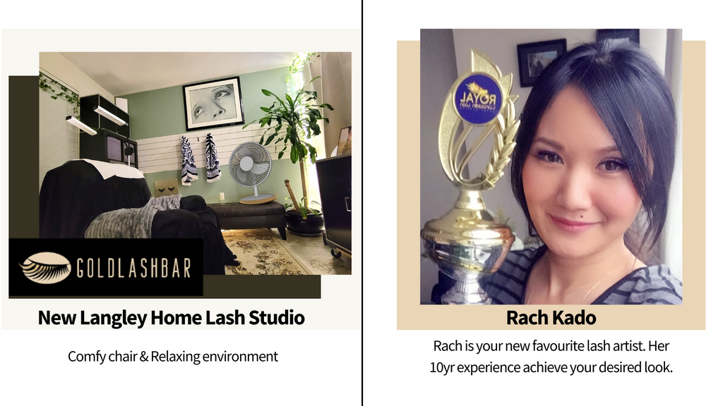 a picture of new langley lash home studio and a picture of master lash artist at goldlashbar
