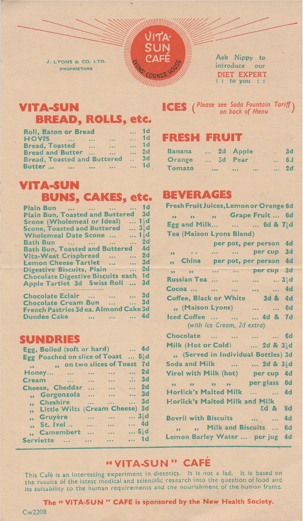 Vita Sun Cafe Lyons Corner House London 19s Love Menu Art Uk