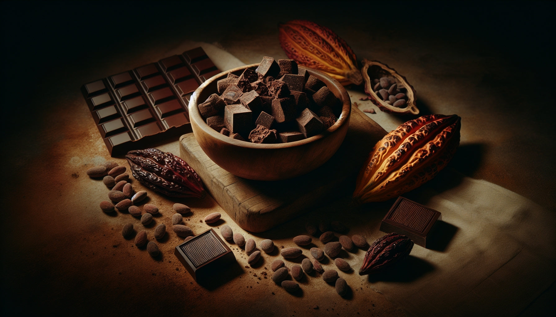 A rustic wooden bowl filled with rich, dark pure cacao paste chunks
