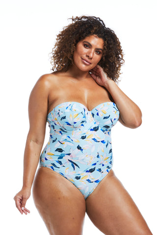 Blue floral balconette one piece swimsuit with tummy control